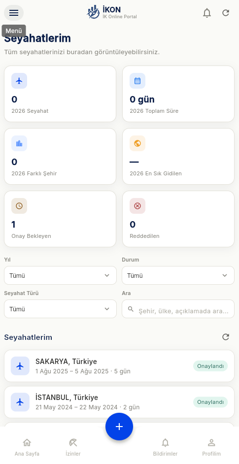 Seyahat kayıtları — liste görünümü.