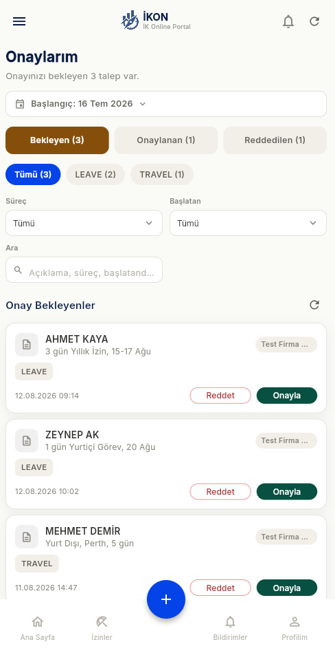 Onay bekleyen talepler (mobil) — tek dokunuşla onay/red.