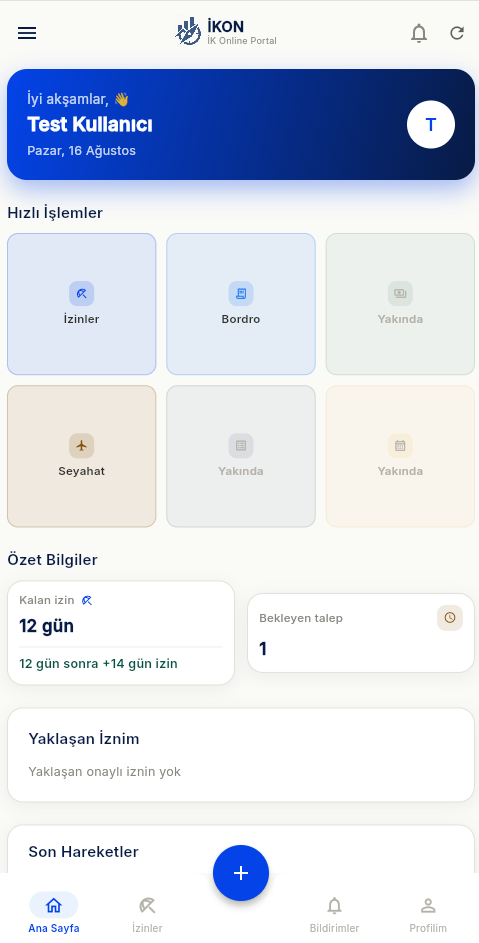 Akış ekranı (mobil) — Hızlı İşlemler ve Özet Bilgiler.