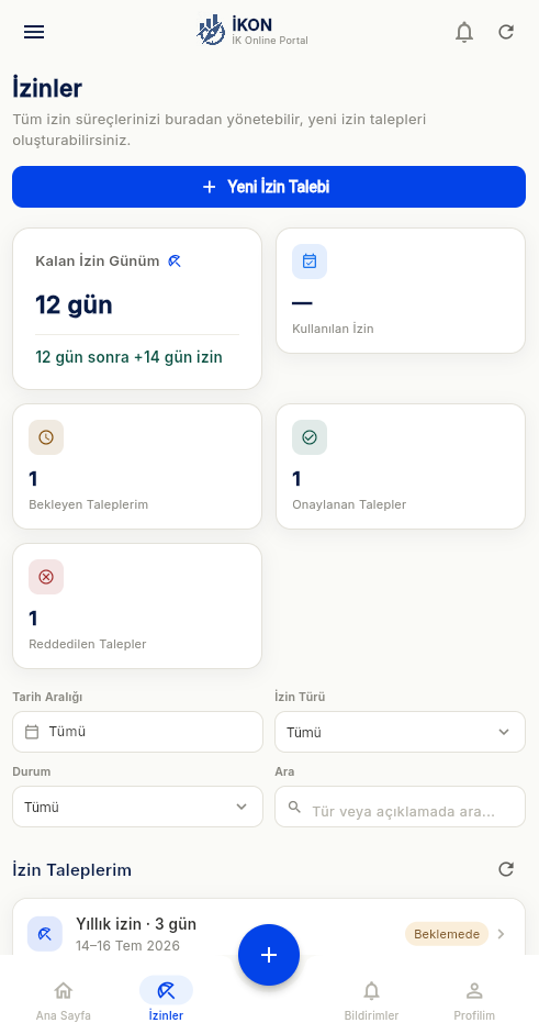 İzin talepleri ve bakiye (mobil).