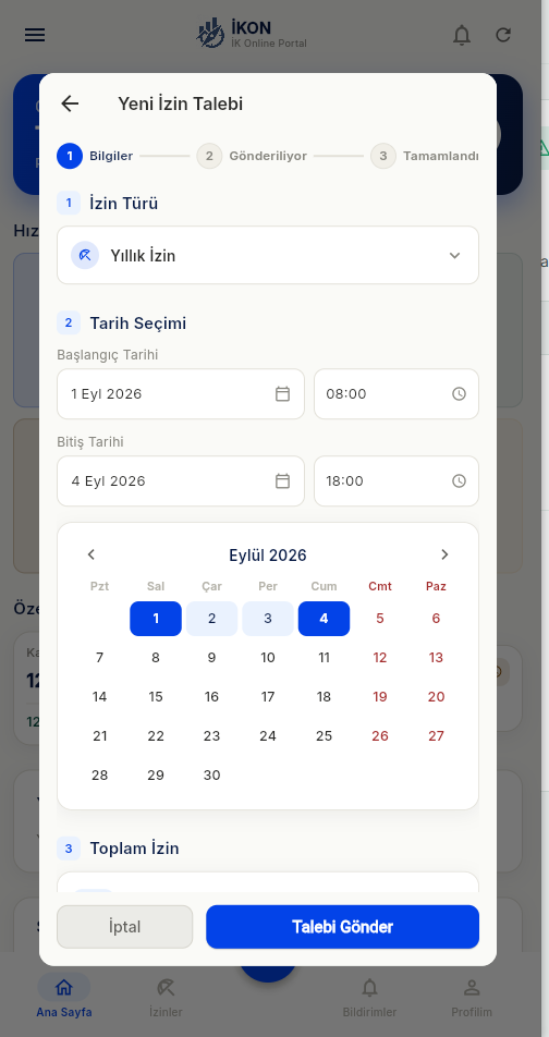 İzin talep ekranı (web)